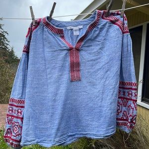 Boho blue chambray top with red and white embroidery. Size L. Belle vere.